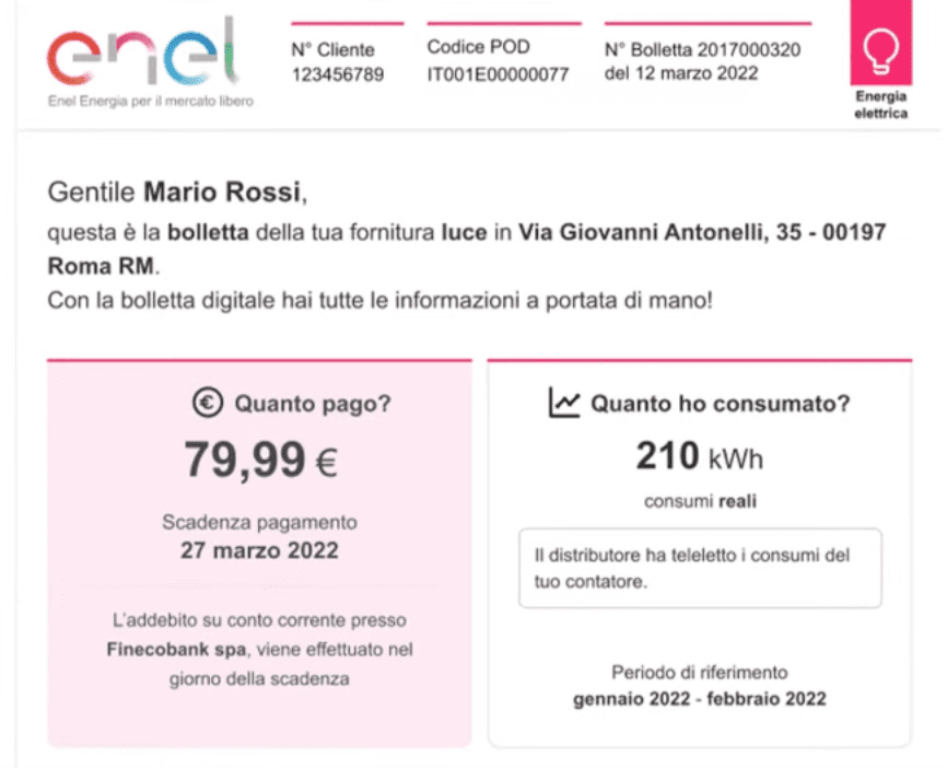 Esempio della bolletta Web di Enel